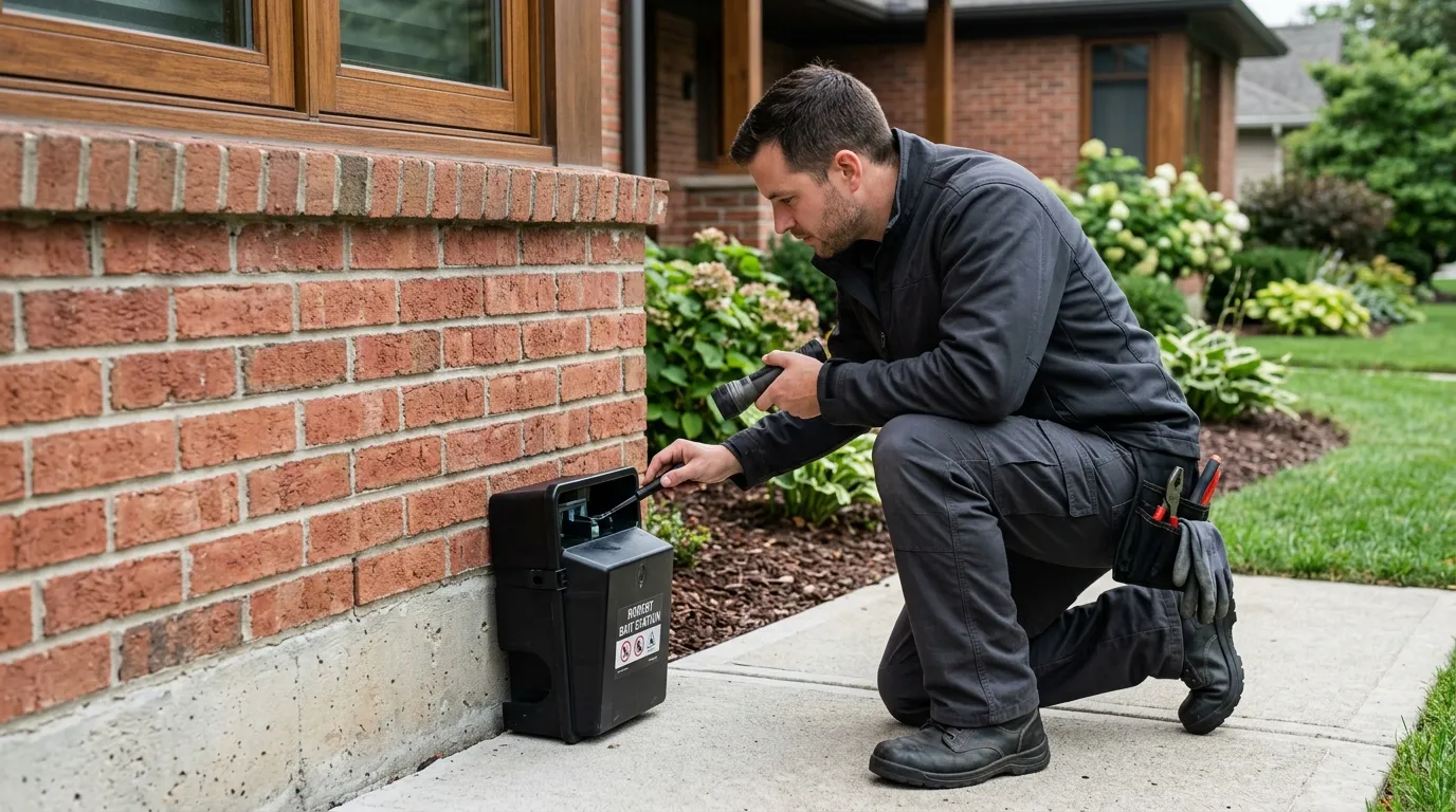 Technician inspecting secured exterior rodent station and crawlspace exclusion in Airway Heights