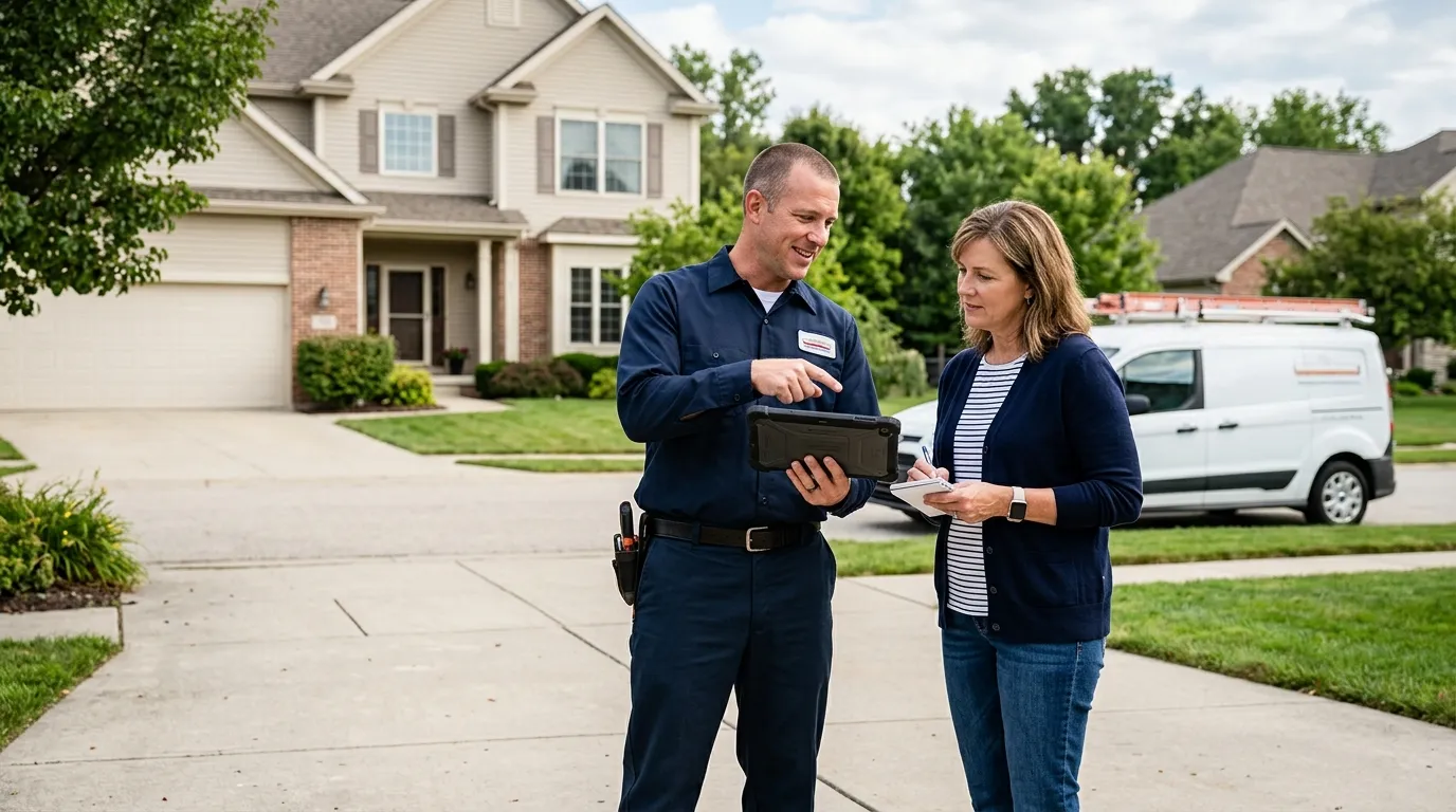 Licensed pest contractor reviewing treatment plan with homeowner in Kuna, ID