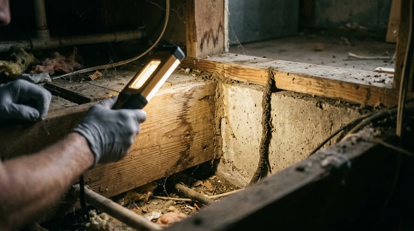 Technician probing crawlspace sill plate for subterranean termite damage in Middleton